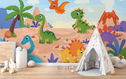 Playful cartoon dinosaur wall mural featuring friendly dinosaurs, a prehistoric landscape, volcanoes, and palm trees in bright, colorful tones for kid's rooms.