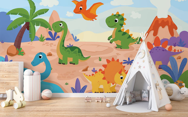 Playful cartoon dinosaur wall mural featuring friendly dinosaurs, a prehistoric landscape, volcanoes, and palm trees in bright, colorful tones for kid's rooms.