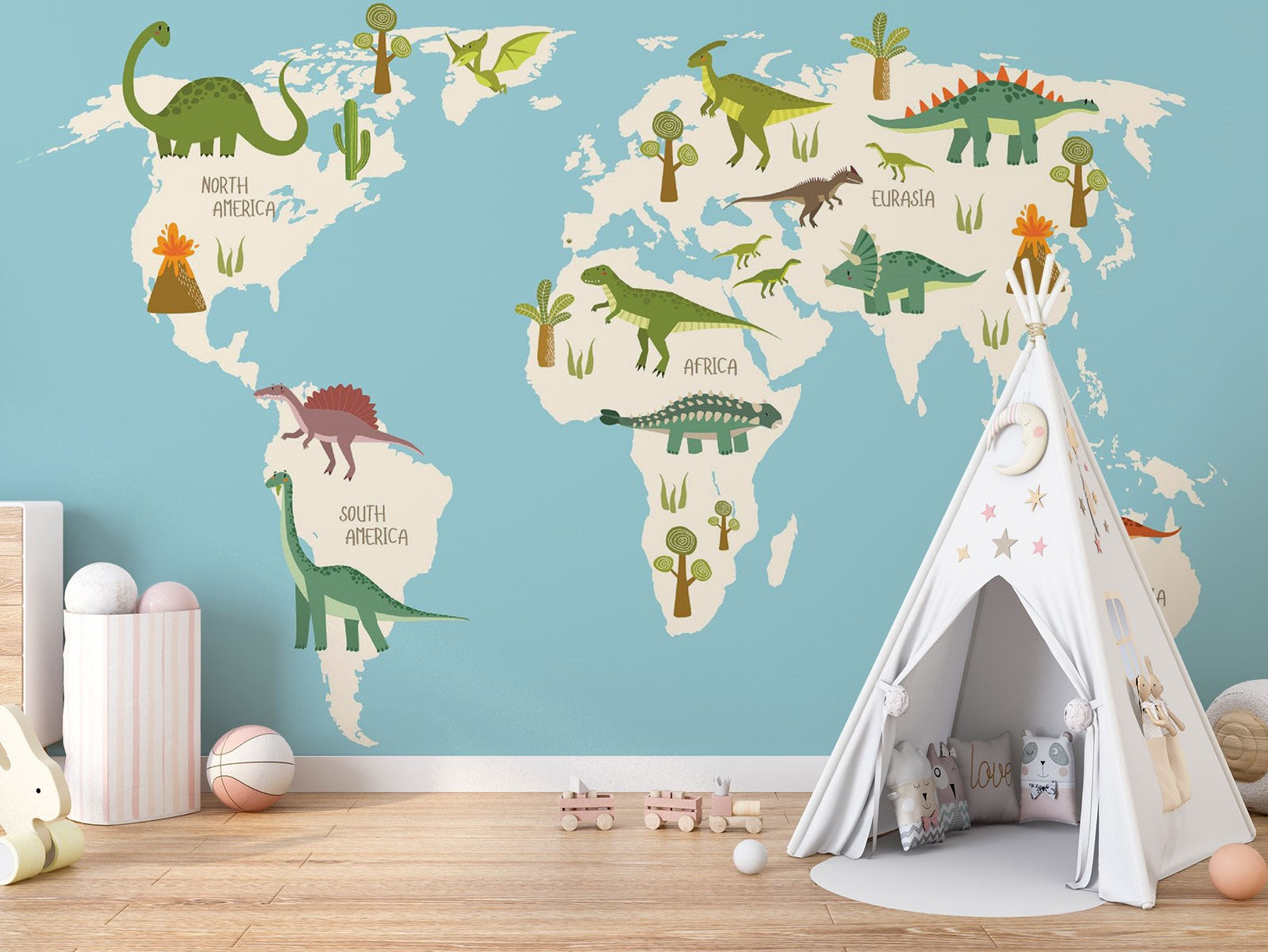 Dinosaur world map wall mural featuring illustrated dinosaurs on different continents, set against a blue background, perfect for kid's rooms and playrooms.
