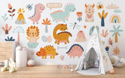 Cute pastel dinosaur mural featuring friendly dino characters, volcanoes, and nature elements for a fun and modern kids' room.
