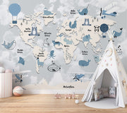 Children’s world map wall mural with cute animals, ocean creatures, and pastel sky background – perfect for kid's rooms and nurseries.