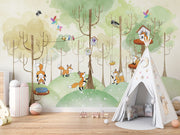 Woodland fox wall mural featuring playful foxes, treehouses, and a lush green forest; perfect for nursery, kid's bedroom or playroom décor.