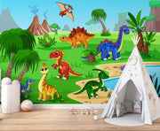 Bright and colorful dinosaur mural featuring friendly cartoon dinosaurs, volcanoes, and lush jungle scenery for a playful kids' room.