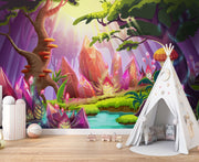 Enchanted forest wallpaper with vibrant colors, fairy-tale scenery, and a peaceful, whimsical ambiance. Ideal for kid's rooms, nurseries and creative spaces.