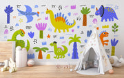 A colorful dinosaur wall mural with playful hand-drawn dinos, palm trees, and doodles, perfect for kids' rooms and nurseries.