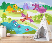 A playful dinosaur wall mural with bright cartoon-style dinosaurs, a volcano, greenery, and prehistoric elements in a kids' room.