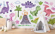 Bright and playful dinosaur doodle mural featuring colorful, crayon-style dinos, volcanoes, and prehistoric plants for a kids' room.