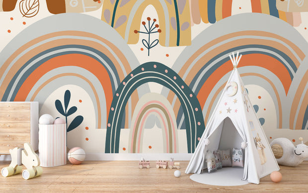 Boho-style kids wall mural with hand-drawn earthy rainbows, abstract florals, and neutral tones in a modern children's playroom.