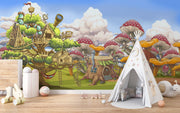 Fantasy wall mural featuring whimsical treehouses, oversized mushrooms, and fairy-tale cottages in a vibrant, enchanted forest setting for kids’ rooms.