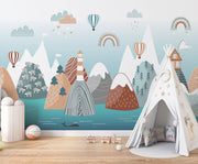 Scandinavian-style mountains wall mural with hot air balloons, rainbows, and cozy landscapes in soft earthy tones – perfect for kids' rooms and nurseries.
