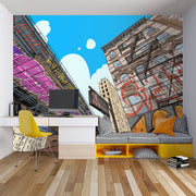 Urban cityscape wall mural with graffiti, comic-style illustration of skyscrapers and underpass, modern street art wallpaper for bedroom or living room decor.