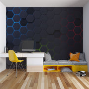 Futuristic Hexagonal Grid Wall Mural – 3D LED-Inspired Honeycomb Wallpaper with RGB Lighting Effects in Blue, Green, and Red for Gaming and Modern Interiors.
