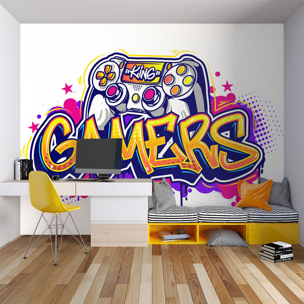 Graffiti-style gaming wall mural with a colorful controller, vibrant gamer room wallpaper for gaming setups and streamers.