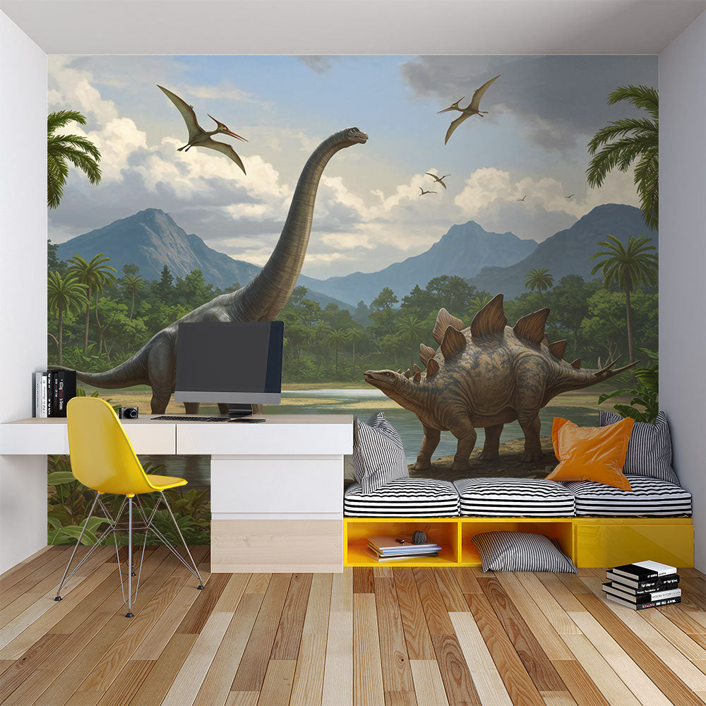 Realistic dinosaur wall mural featuring a Brachiosaurus, Stegosaurus, lush jungle landscape, towering palm trees, and flying pterosaurs in a prehistoric setting.