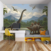 Realistic dinosaur wall mural featuring a Brachiosaurus, Stegosaurus, lush jungle landscape, towering palm trees, and flying pterosaurs in a prehistoric setting.