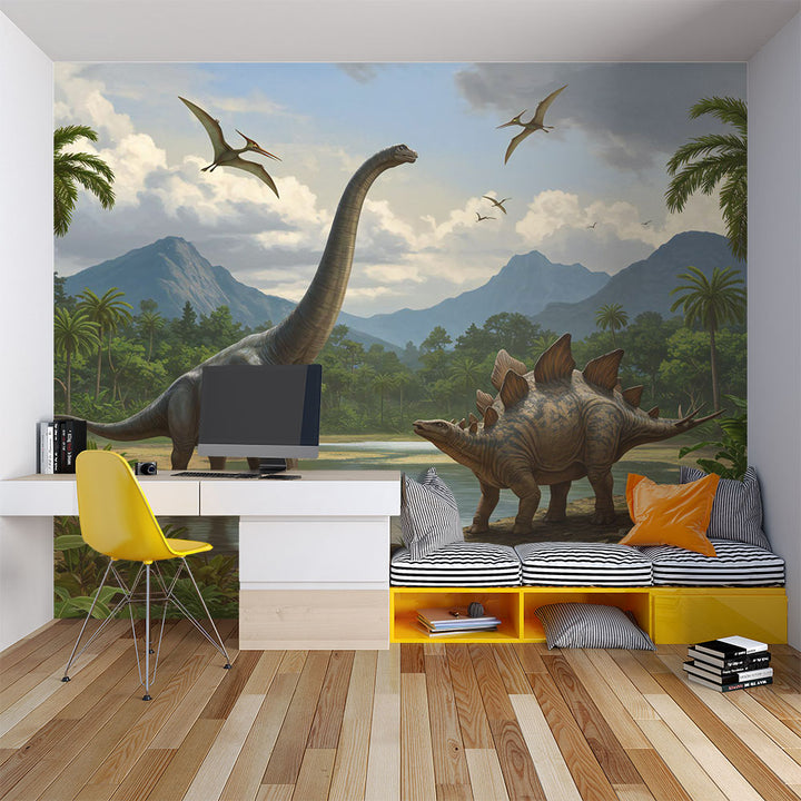Realistic dinosaur wall mural featuring a Brachiosaurus, Stegosaurus, lush jungle landscape, towering palm trees, and flying pterosaurs in a prehistoric setting.