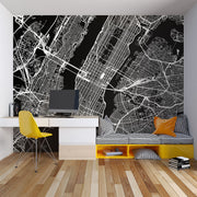 Black and white city map wall mural with detailed urban street layout, perfect for modern bedroom or office decor.