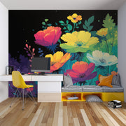 Colorful floral mural in a room with a desk and chairs.
