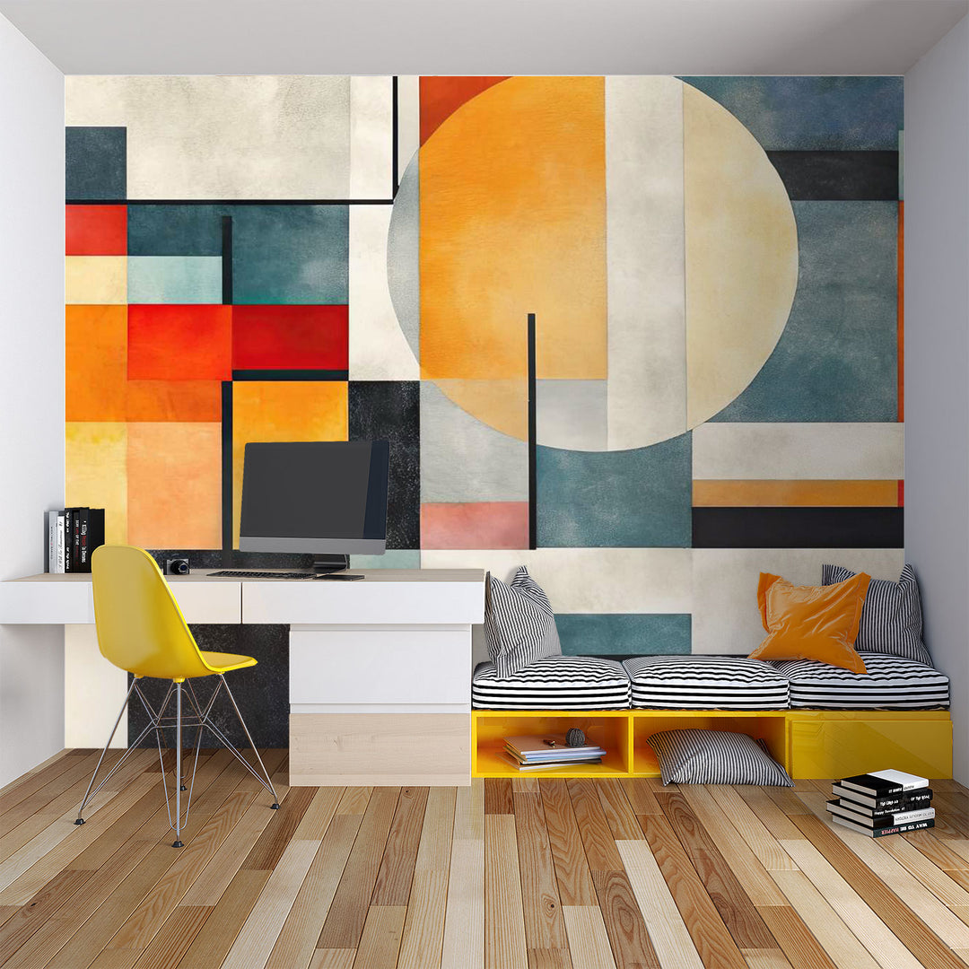 Abstract Architecture Wall Mural with colorful geometric shapes decorating a study.