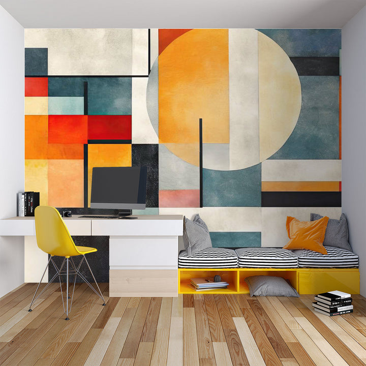 Abstract Architecture Wall Mural with colorful geometric shapes decorating a study.