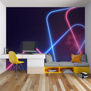 Futuristic Neon Light Wall Mural – Modern Cyberpunk-Inspired Wallpaper with Vibrant Blue and Pink LED-Style Light Trails for Gaming & Trendy Interiors.