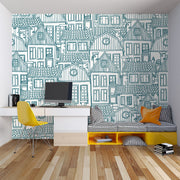 Sketch house wall mural featuring hand-drawn village-style houses with rooftops and windows, creating a cozy and artistic room atmosphere.