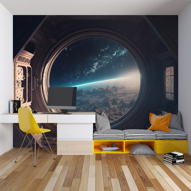 Spaceship Window Wallpaper Mural decorating a kids bedroom.