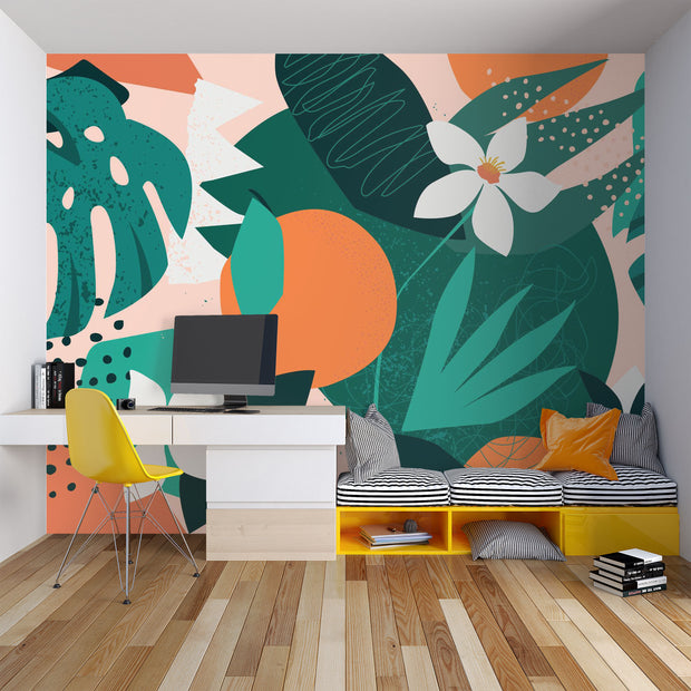 Modern room with a colorful abstract wall mural, desk, and yellow chair.