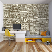 Sketch town wall mural featuring hand-drawn urban houses and rooftops, creating a nostalgic and artistic living room ambiance.