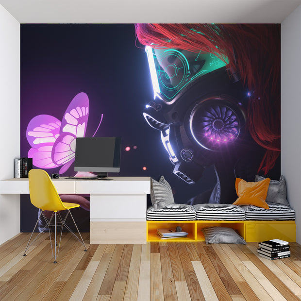 Modern room with a colorful wall mural, desk, and colorful chair.