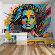 Pop art graffiti mural of a woman, bold and colorful street art wallpaper, vibrant urban wall decor for modern interiors.