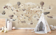 Vintage-style children's world map wall mural with hot air balloons and animals, styled in neutral nursery with teepee tent.