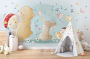 Illustrated woodland animal wall mural featuring a bear playing a drum, a bunny with marbles, a hedgehog with lights, and a mouse with maracas, surrounded by music notes and confetti – perfect for nurseries and kids’ rooms.