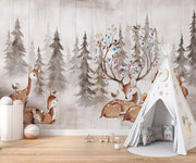 Enchanted meadow nursery wall mural with watercolor forest animals.