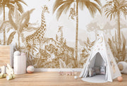 A sophisticated golden jungle wall mural with giraffes, monkeys, and zebras in lush tropical foliage, designed for a safari-themed kid's room or nursery.