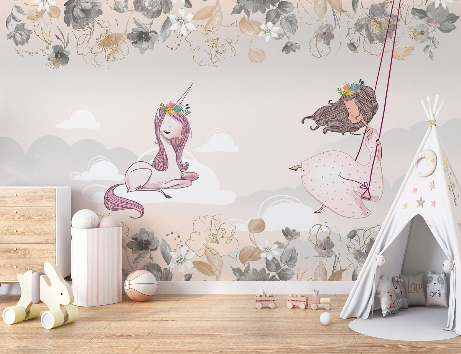 A whimsical nursery wall mural featuring a pink unicorn resting on clouds, a girl swinging with floral details, and soft pastel tones for a dreamy ambiance.