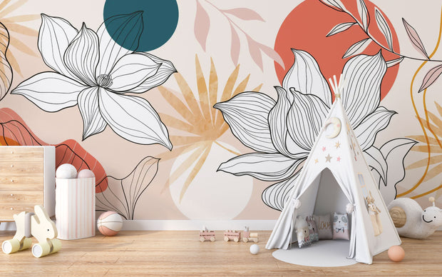 Kids' play area with wooden floors and teepee tent set against a minimalist botanical wall mural.
