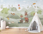 Woodland animal wall mural featuring foxes, deer, rabbits and a duck in a peaceful green forest; perfect for nurseries, playrooms and kid's bedrooms.