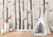Forest trees wall mural featuring hand-drawn birch trees with colorful birds and leaves, ideal for nursery or baby room decor.