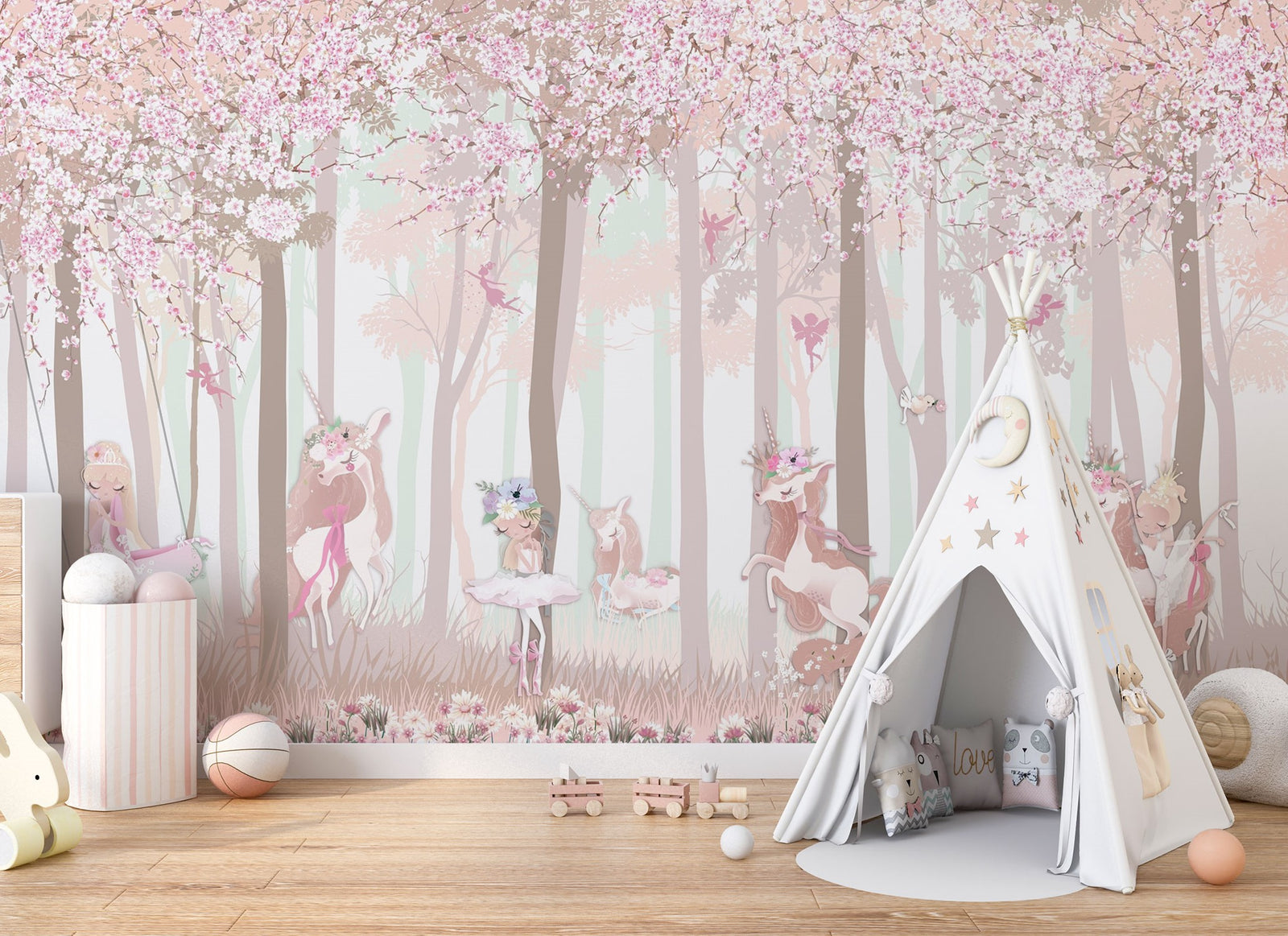 Fairy Forest Wall Mural with whimsical fairies, unicorns, cherry blossoms, and woodland scenery, perfect for a magical-themed children's room.
