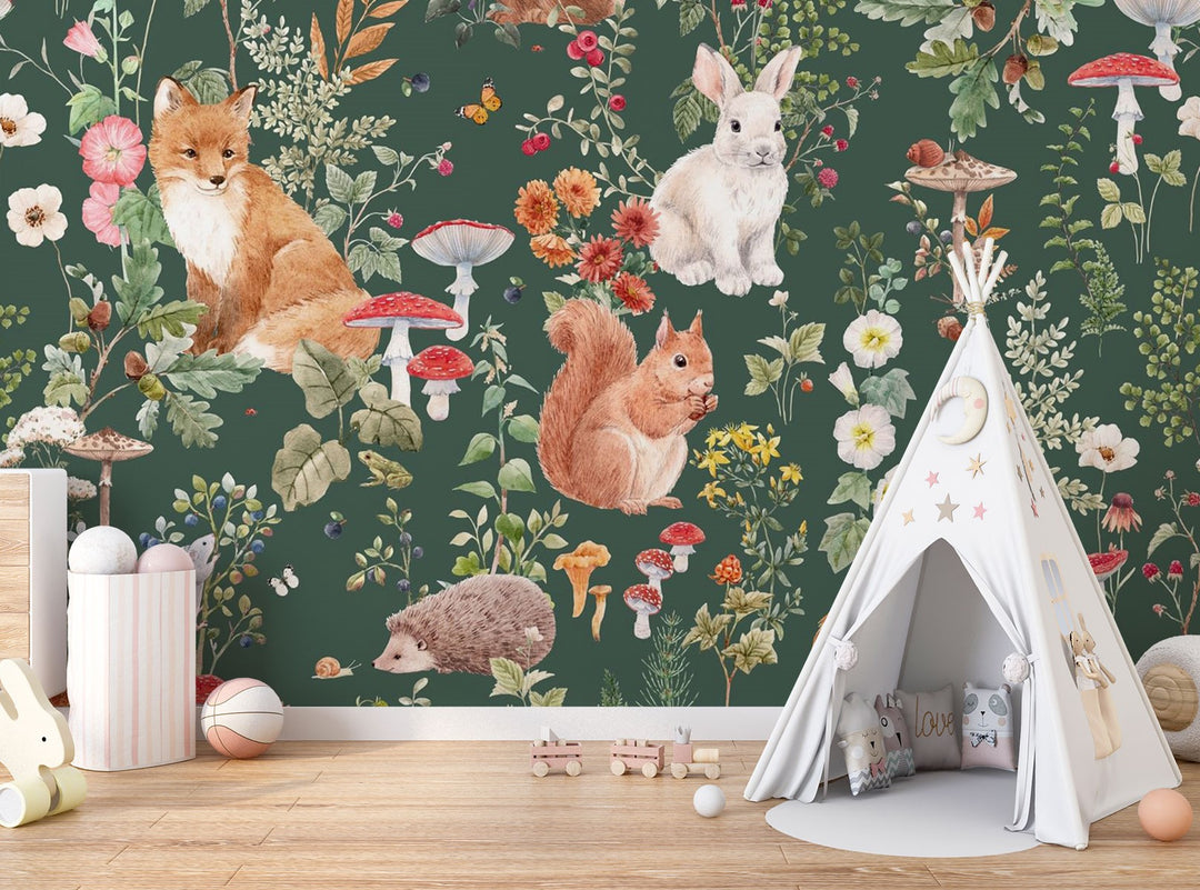 Enchanted forest animals wall mural with foxes, rabbits, hedgehogs, wildflowers, and mushrooms in a vintage botanical style, set against a deep green background.