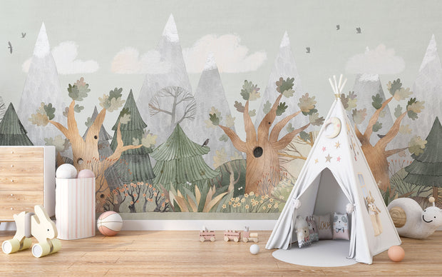 Fantasy Woodland Wall Mural with watercolor pine trees, oak branches, and misty mountains. Perfect nursery or children's room decor.