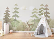 Soft pastel woodland wall mural with trees, a deer, and a dreamy forest landscape for nurseries and kids' rooms.
