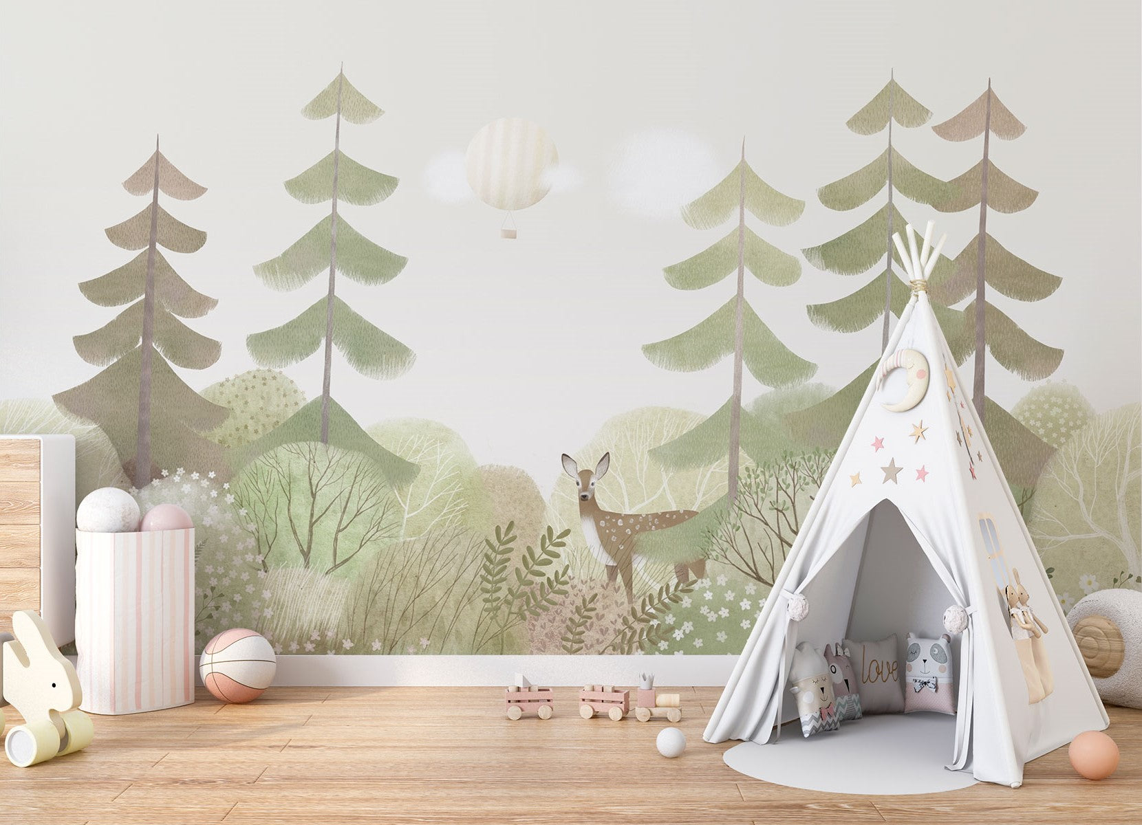 Soft pastel woodland wall mural with trees, a deer, and a dreamy forest landscape for nurseries and kids' rooms.