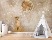 Safari lion cub wall mural featuring a realistic lion cub gazing at a glowing moon, surrounded by stars and warm beige tones, perfect for a cozy nursery.