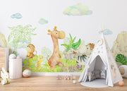 Safari Playground wall mural with watercolor giraffe, zebra, lion, and jungle leaves in a baby nursery or kid's  
playroom.