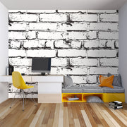 Black and white distressed brick wall mural, industrial faux brick wallpaper for modern bedroom decor.