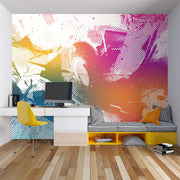 Vibrant pop art graffiti wall mural with halftone textures in orange, pink, blue, and yellow. Ideal for urban-style interiors, modern offices, and loft spaces.