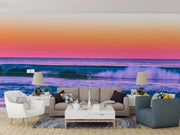 Tropical Ocean Sunset Wall Mural – Vibrant Seascape Wallpaper Featuring Rolling Waves, a Pink-Orange Twilight Sky, and a Relaxing Coastal Ambiance for Modern Interiors.
