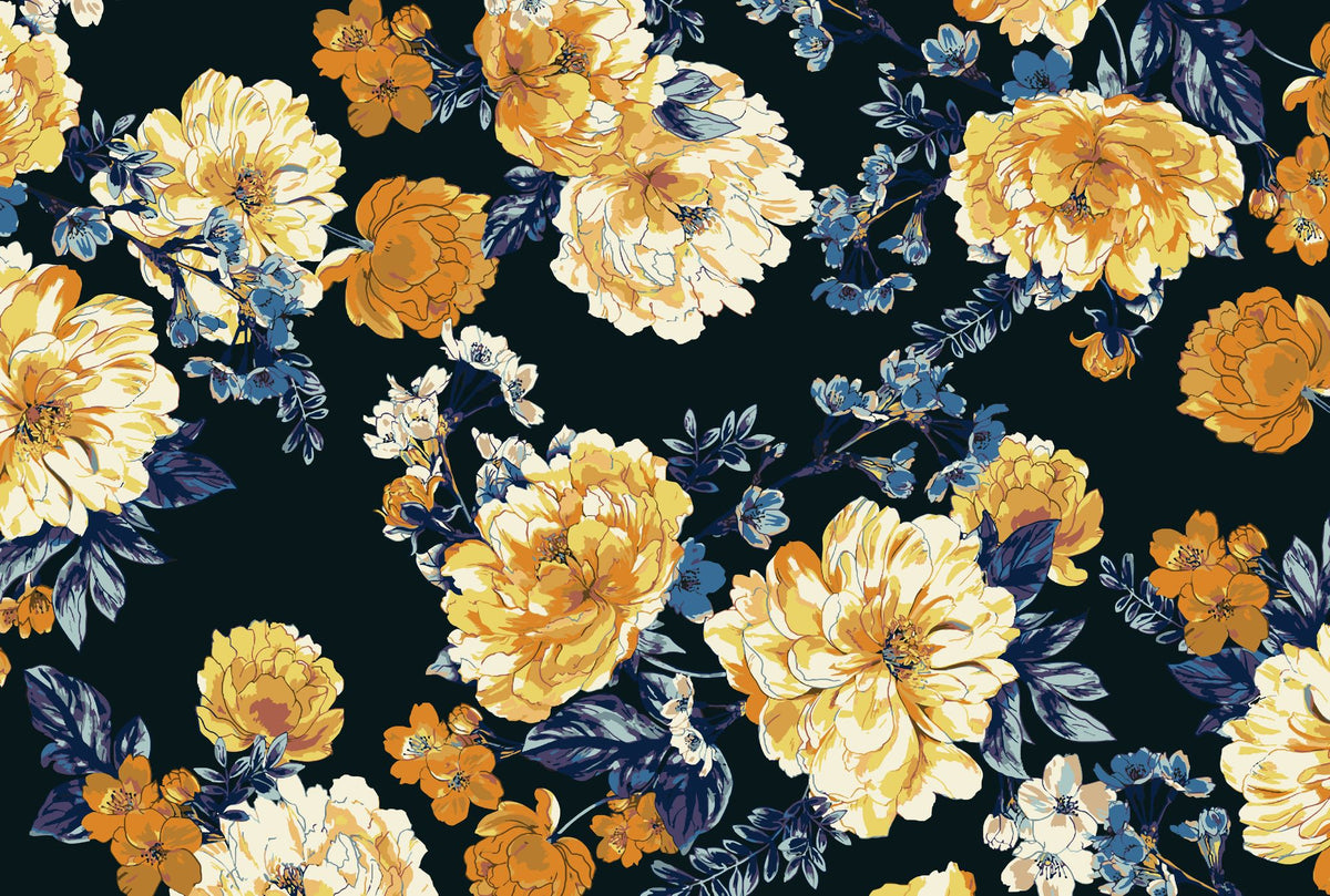 Midnight bloom wall mural featuring large yellow and cream flowers with deep blue foliage on a dark background, creating a dramatic and elegant room atmosphere.